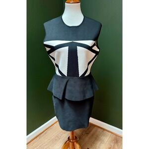 BCBGMAXAZRIA Black & White Peplum Sleeveless‎ Geometric Bodycon Dress Women's L